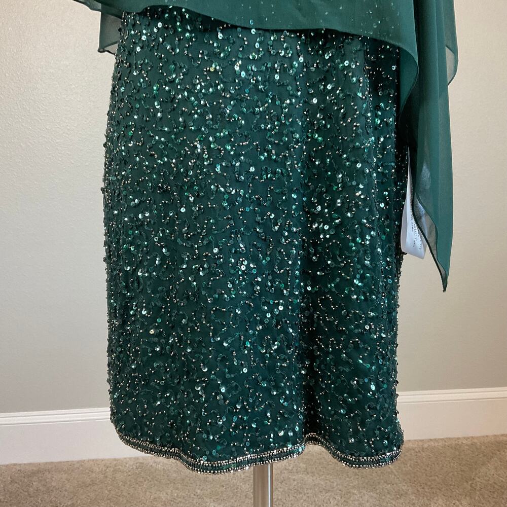 JKara Green Cocktail Dress Sequined Chiffon Caped V-Neck Mini Sheath Size 6 - Picture 10 of 12